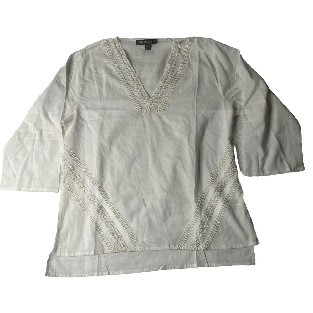 Kate & Mallory M Women’s White V Neck Blouse Tunic Lace Trim Boho Classic Cotton
